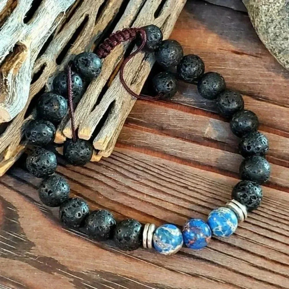 Handcrafted Chakra Bracelet Blue Aqua Terra Jasper Black Lava - Picture 2 of 7